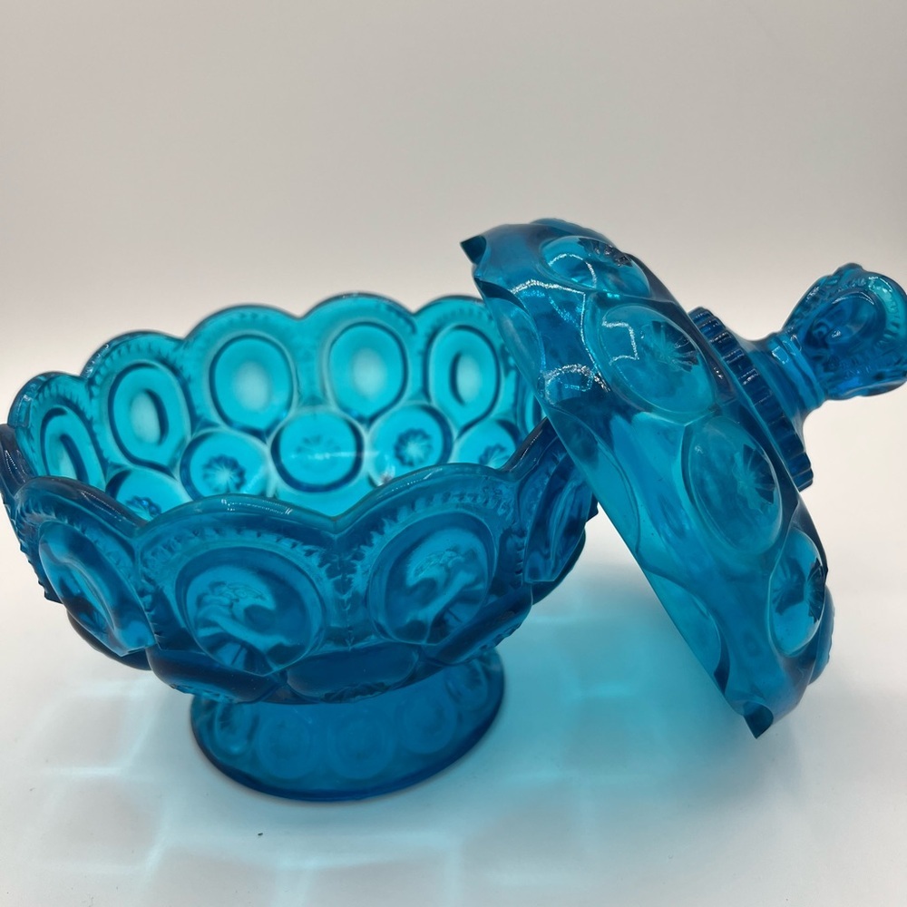 Vintage LE Smith Moon and Stars Blue Glass Lidded Compote Candy Dish - Picture 8 of 11
